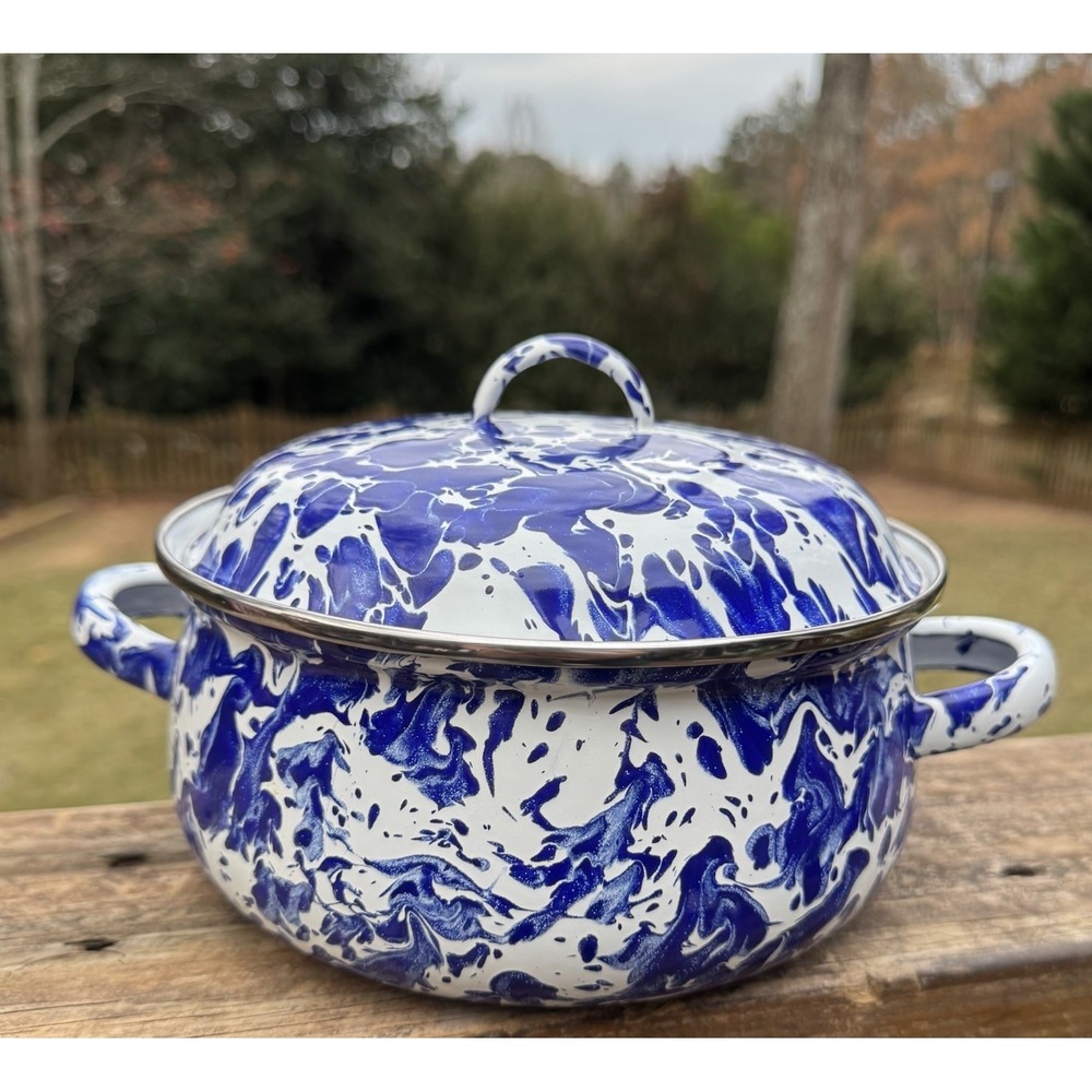 Blue & White Enamel Stock‎ Pot with Lid – Splatterware Style 10" Diameter